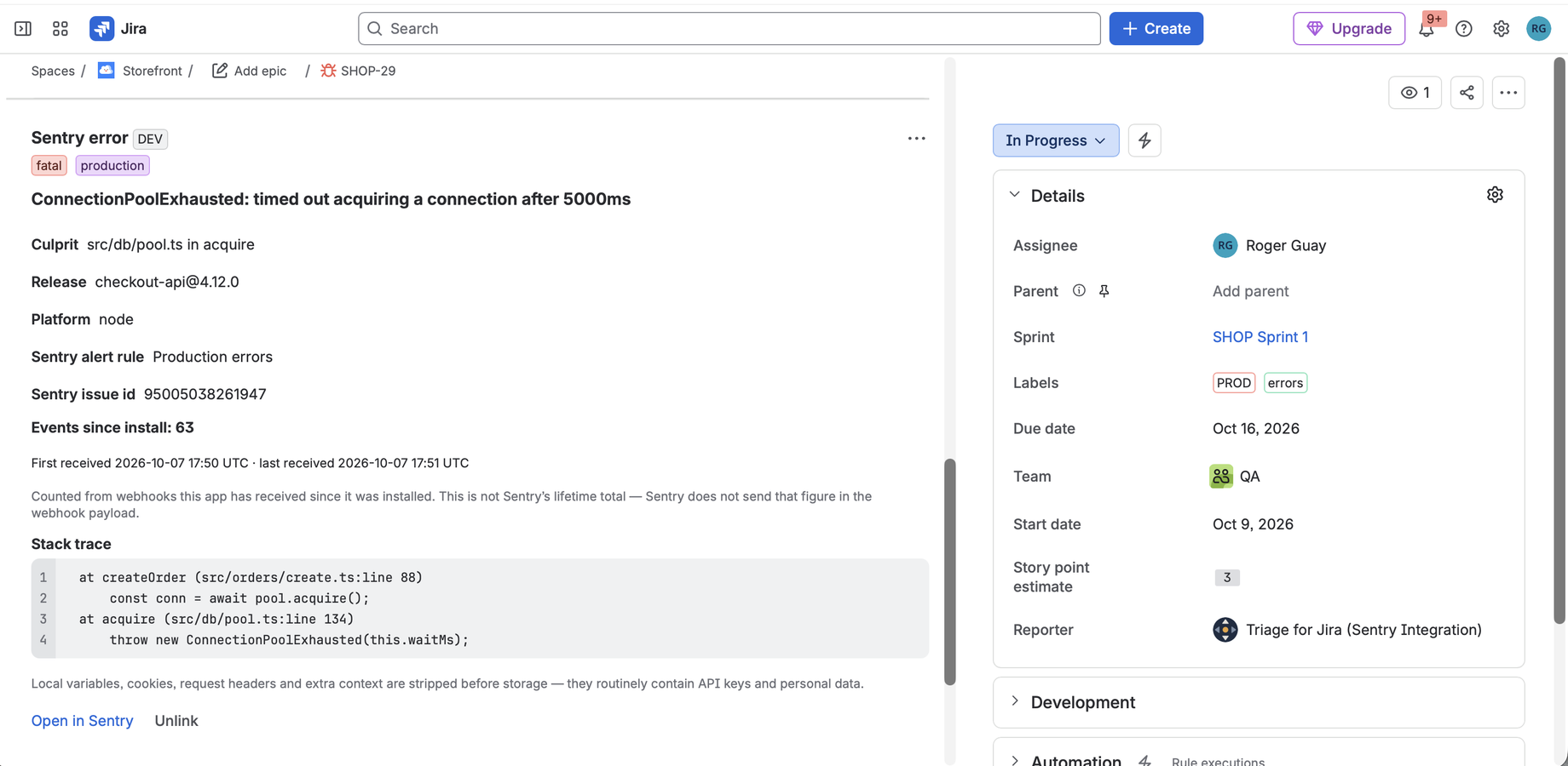 A Jira work item created from a Sentry error, with the Sentry error panel open showing the level, environment, culprit, release, event count and stack trace.